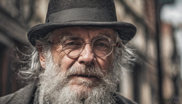 solo,looking at viewer,1boy,hat,closed mouth,white hair,grey hair,male focus,glasses,blurry,black headwear,depth of field,blurry background,facial hair,portrait,beard,top hat,realistic,round eyewear,mustache,old,old man,wrinkled skin,lips,close-up,nose,manly,fedora