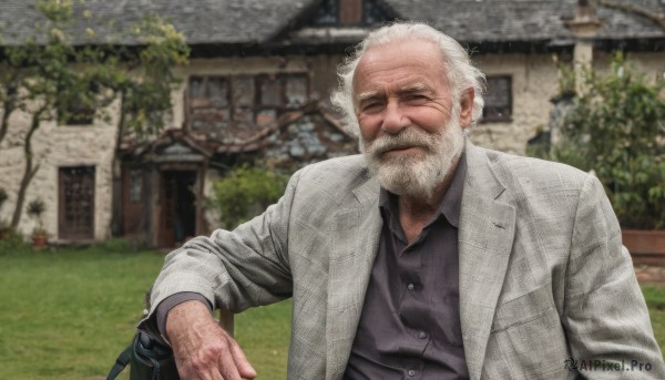 solo,shirt,long sleeves,1boy,sitting,closed mouth,jacket,closed eyes,upper body,white hair,grey hair,male focus,outdoors,day,collared shirt,blurry,tree,black shirt,dress shirt,buttons,blurry background,facial hair,scar,formal,suit,building,facing viewer,grey shirt,beard,mature male,realistic,grey jacket,mustache,manly,house,old,old man,cane,photo background,wrinkled skin,open clothes,striped,bag,vest,open jacket,depth of field,white jacket,thick eyebrows,grass,scar on face,scar across eye,bench