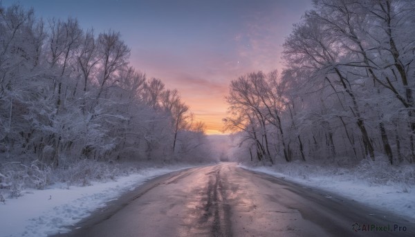 outdoors,sky,cloud,tree,no humans,sunlight,nature,scenery,snow,forest,sunset,mountain,sun,road,winter,bare tree,evening,landscape,gradient sky,path,footprints,pine tree,blue sky,cloudy sky,grass,twilight,sunrise