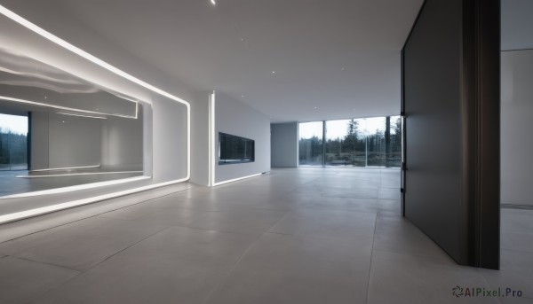 sky,indoors,tree,no humans,window,building,scenery,reflection,city,door,tiles,light,cityscape,tile floor,skyscraper,hallway,reflective floor,outdoors,cloud,water,night,star (sky),wooden floor,fence,school