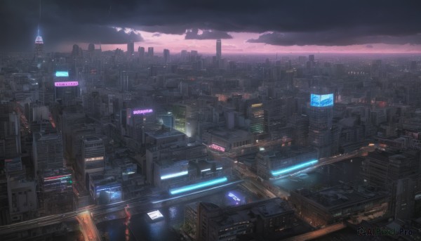 outdoors,sky,cloud,water,no humans,night,cloudy sky,building,scenery,science fiction,city,cityscape,skyscraper,rooftop,city lights,purple sky,neon lights,sunset,horizon,dark,lights