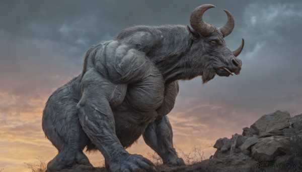 solo,standing,full body,outdoors,horns,sky,cloud,signature,no humans,muscular,cloudy sky,monster,rock,realistic,tusks,from side,profile,giant