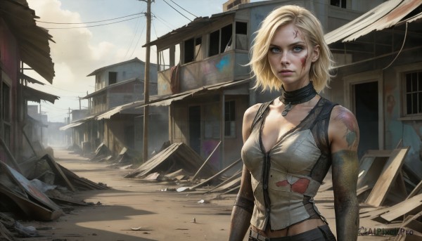 HQ,1girl,solo,breasts,looking at viewer,short hair,blue eyes,blonde hair,gloves,cleavage,bare shoulders,jewelry,medium breasts,upper body,outdoors,parted lips,detached sleeves,sky,choker,day,elbow gloves,midriff,cloud,necklace,lips,torn clothes,blood,tattoo,tank top,building,pendant,injury,blood on face,realistic,nose,ruins,facial tattoo,power lines,dirty,dirty face,collar