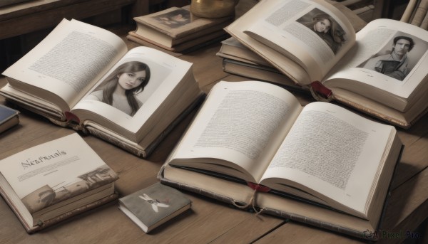 1girl,solo,long hair,brown hair,black hair,indoors,english text,book,wooden floor,open book,bookshelf,photo (object),pencil,quill,lips,table,realistic,bookmark