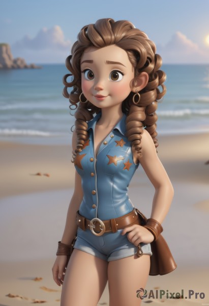 1girl,solo,long hair,breasts,looking at viewer,blush,smile,brown hair,shirt,bare shoulders,brown eyes,jewelry,closed mouth,standing,collarbone,thighs,cowboy shot,earrings,small breasts,outdoors,sky,shorts,sleeveless,day,belt,artist name,cloud,dark skin,water,star (symbol),blurry,bracelet,dark-skinned female,blue sky,lips,hand on hip,short shorts,sleeveless shirt,makeup,depth of field,blurry background,ocean,watermark,beach,drill hair,blue shirt,denim,lipstick,wristband,web address,forehead,blue shorts,denim shorts,curly hair,pocket,pouch,hoop earrings,sand,sun,horizon,brown belt,breast pocket,star print,belt pouch,ringlets,shore,desert,weapon,signature,bag,gun,buttons,buckle