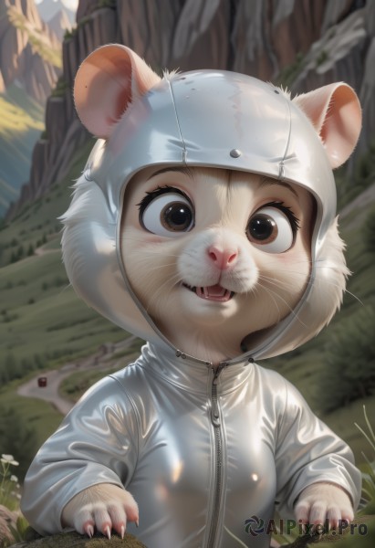 1girl,solo,looking at viewer,smile,open mouth,long sleeves,animal ears,brown eyes,upper body,outdoors,teeth,day,hood,blurry,no humans,blurry background,animal,fangs,grass,nature,furry,zipper,realistic,furry female,basket,mouse,whiskers,buck teeth,latex