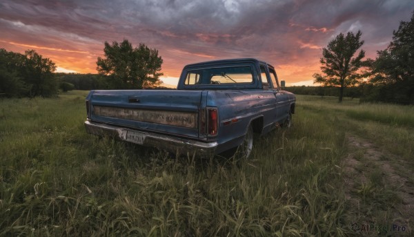 outdoors,sky,cloud,tree,no humans,cloudy sky,grass,ground vehicle,nature,scenery,motor vehicle,forest,sunset,car,road,vehicle focus,twilight,evening,field,dusk