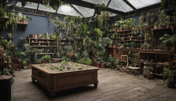 day,indoors,no humans,window,chair,table,plant,scenery,wooden floor,potted plant,shelf,book,bookshelf,ruins,ceiling,overgrown