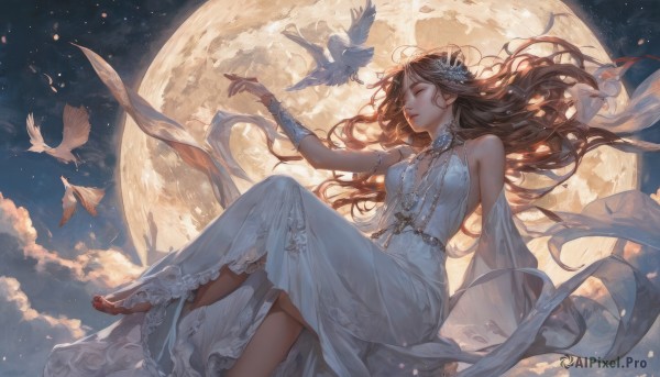 1girl,solo,long hair,breasts,brown hair,hair ornament,dress,bare shoulders,jewelry,medium breasts,sitting,closed eyes,flower,outdoors,parted lips,sky,barefoot,sleeveless,cloud,hair flower,white dress,lips,night,floating hair,bird,arm support,animal,moon,wind,star (sky),night sky,full moon,starry sky,long dress,smile,cleavage,closed mouth,detached sleeves,necklace,toes,sleeveless dress,blue dress,flying,nose,dove