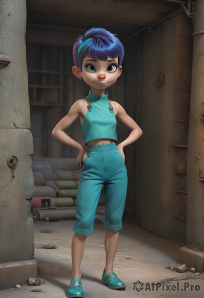 1girl,solo,looking at viewer,smile,short hair,bangs,shirt,navel,bare shoulders,jewelry,closed mouth,green eyes,blue hair,standing,full body,male focus,earrings,shoes,sleeveless,midriff,pants,black eyes,lips,bare arms,sleeveless shirt,shadow,turtleneck,blue shirt,child,androgynous,hands on hips,blue footwear,female child,stud earrings,overalls,male child,midriff peek,very short hair,green footwear,tomboy,industrial pipe,alley,aqua footwear,1boy,hairband,watermark,sneakers,web address,rock