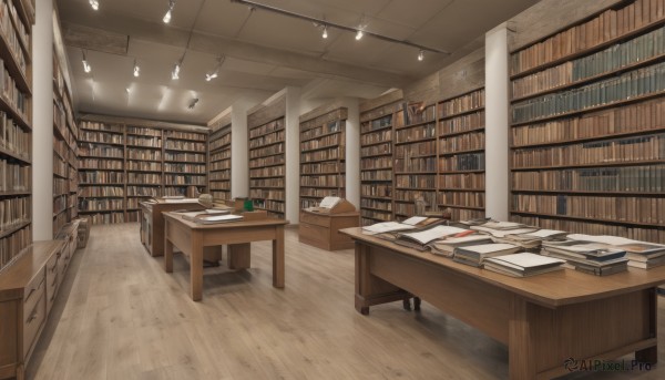 indoors,cup,book,no humans,chair,table,scenery,desk,wooden floor,paper,bookshelf,lamp,shelf,book stack,library,ceiling,ladder,ceiling light,plant