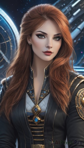 1girl,solo,long hair,breasts,looking at viewer,brown hair,brown eyes,jewelry,jacket,upper body,earrings,necklace,lips,black jacket,makeup,lipstick,freckles,realistic,nose,red lips,space,shirt,medium breasts,closed mouth,green eyes,red hair,artist name,eyelashes,eyeshadow