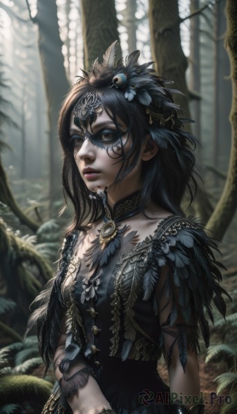 1girl,solo,long hair,breasts,looking at viewer,black hair,hair ornament,dress,hair between eyes,brown eyes,jewelry,closed mouth,upper body,flower,small breasts,parted lips,choker,artist name,hair flower,blurry,black dress,tree,lips,makeup,mask,depth of field,blurry background,watermark,sunlight,feathers,lipstick,nature,web address,eyeshadow,forest,realistic,nose,feather hair ornament,facepaint,bangs,black eyes,tattoo,leaf,facial mark,plant