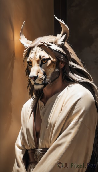 solo,long hair,looking at viewer,brown hair,black hair,1boy,brown eyes,closed mouth,upper body,white hair,male focus,belt,mask,facial hair,beard,robe,realistic,mustache,antlers,old,old man,white robe,brown theme,long sleeves,animal ears,feathers,furry,furry male,whiskers