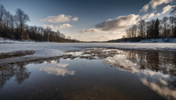 outdoors,sky,day,cloud,water,tree,blue sky,no humans,bird,cloudy sky,nature,scenery,snow,forest,reflection,mountain,winter,bare tree,landscape,lake,reflective water,pine tree,river