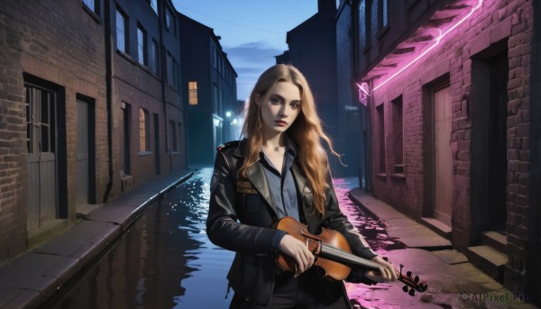 1girl,solo,long hair,looking at viewer,blonde hair,brown hair,shirt,holding,brown eyes,jacket,outdoors,open clothes,sky,day,water,open jacket,lips,black jacket,window,makeup,blue shirt,building,instrument,reflection,city,music,road,leather,playing instrument,holding instrument,street,leather jacket,violin,bow (music),long sleeves,jewelry,standing,signature,night,denim,lipstick,scenery,curly hair,realistic,guitar,denim jacket