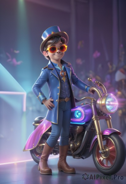 solo,looking at viewer,smile,short hair,brown hair,black hair,long sleeves,1boy,hat,standing,jacket,full body,male focus,boots,open clothes,belt,pants,dark skin,grin,coat,hand on hip,blurry background,brown footwear,sunglasses,ground vehicle,motor vehicle,blue headwear,top hat,blue pants,tinted eyewear,motorcycle,aviator sunglasses,shirt,teeth,blurry,denim,spotlight