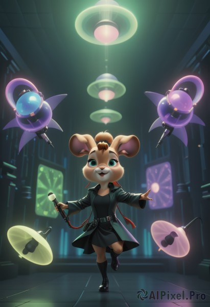 1girl,solo,breasts,looking at viewer,smile,open mouth,blue eyes,long sleeves,dress,holding,animal ears,green eyes,standing,jacket,full body,:d,boots,open clothes,shoes,teeth,socks,belt,artist name,indoors,black footwear,black dress,coat,:3,night,watermark,happy,standing on one leg,microphone,furry,walking,black belt,open coat,furry female,tiles,balloon,body fur,holding microphone,tile floor,animal nose,green coat,spotlight,ufo,buck teeth,reflective floor,neon lights,brown hair,aqua eyes,open jacket,black jacket,upper teeth only,leg up,knee boots,science fiction,light,leather,skyscraper,alien,spacecraft,cyberpunk,leather boots