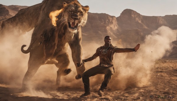 open mouth,1boy,jewelry,male focus,outdoors,teeth,belt,pants,dark skin,necklace,muscular,holding hands,facial hair,animal,parody,dark-skinned male,beard,mountain,realistic,sand,bald,bear,tiger,desert,dust,lion,solo,weapon,boots,bag,vest,gun,fangs,smoke,brown theme