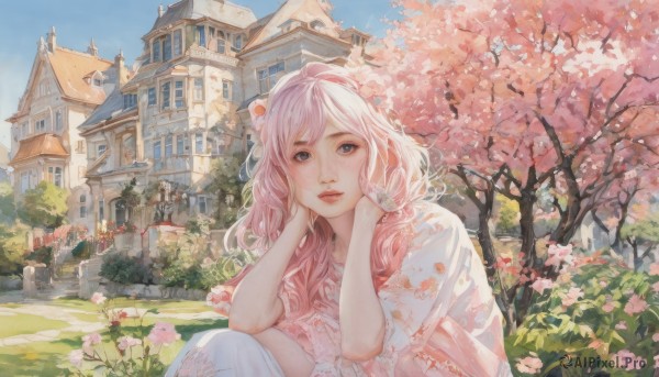 1girl,solo,long hair,looking at viewer,bangs,blue eyes,dress,sitting,pink hair,flower,short sleeves,hairband,outdoors,parted lips,sky,day,tree,blue sky,lips,grey eyes,petals,squatting,grass,cherry blossoms,building,scenery,pink flower,head rest,realistic,hands on own face,architecture,house,hands on own cheeks,animal ears