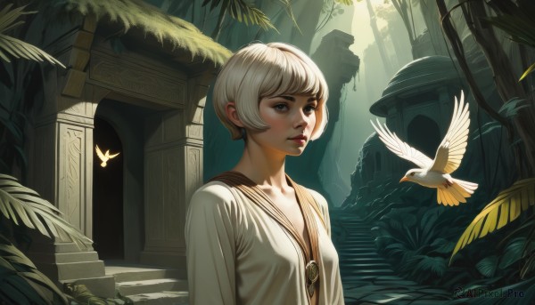 1girl,solo,breasts,short hair,bangs,blue eyes,jewelry,collarbone,upper body,white hair,small breasts,outdoors,parted lips,necklace,tree,lips,grey eyes,bird,animal,leaf,sunlight,plant,nature,forest,stairs,nose,pillar,statue,arch,dove,blonde hair,day,scenery,pendant