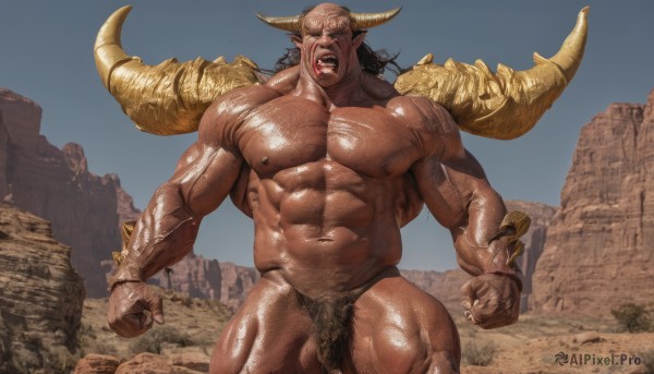 solo,long hair,open mouth,black hair,1boy,navel,underwear,nipples,closed eyes,male focus,thighs,cowboy shot,outdoors,horns,sky,teeth,day,tongue,pointy ears,shiny,dark skin,stomach,shiny skin,pubic hair,muscular,fangs,thick thighs,abs,dark-skinned male,pectorals,muscular male,male pubic hair,bara,clenched hands,large pectorals,veins,bulge,topless male,realistic,male underwear,navel hair,nude,penis,tongue out,feet out of frame,facial hair,demon horns,facing viewer,rock,mature male,manly,chest hair,biceps,monster boy,demon boy,leg hair,arm hair,hairy,desert,thick arms