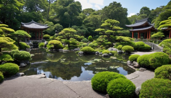 outdoors,sky,day,cloud,water,tree,blue sky,no humans,grass,building,nature,scenery,forest,rock,road,bush,architecture,bridge,east asian architecture,river,shrine,path,pond,stone lantern,real world location,reflection,reflective water