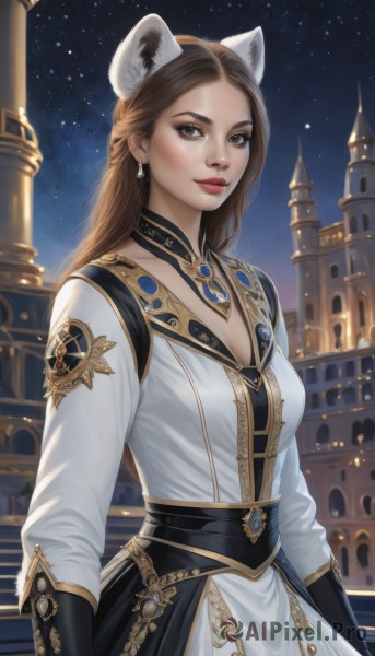 1girl,solo,long hair,breasts,looking at viewer,brown hair,gloves,long sleeves,dress,animal ears,cleavage,brown eyes,jewelry,medium breasts,closed mouth,upper body,braid,earrings,outdoors,sky,choker,artist name,cat ears,white dress,lips,makeup,night,lipstick,brooch,gem,star (sky),night sky,starry sky,gold trim,realistic,nose,red lips,castle,necklace,animal ear fluff