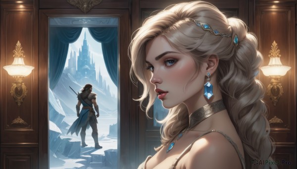 1girl,long hair,breasts,looking at viewer,blue eyes,blonde hair,hair ornament,1boy,holding,cleavage,bare shoulders,jewelry,standing,collarbone,weapon,braid,earrings,parted lips,solo focus,choker,sword,indoors,necklace,holding weapon,armor,lips,eyelashes,window,single braid,holding sword,curtains,shoulder armor,gem,sheath,nose,fantasy,lamp,castle,bangs,gloves,boots,from side,helmet,portrait,pendant,crystal,realistic,knight