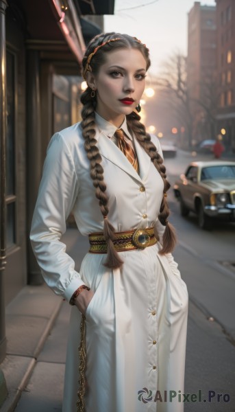 1girl,solo,long hair,looking at viewer,brown hair,shirt,black hair,long sleeves,dress,brown eyes,jewelry,closed mouth,standing,jacket,braid,hairband,earrings,outdoors,parted lips,necktie,day,collared shirt,belt,white dress,mole,blurry,black eyes,twin braids,bracelet,tree,lips,coat,makeup,buttons,depth of field,blurry background,chain,formal,white jacket,lipstick,ground vehicle,building,hair over shoulder,motor vehicle,forehead,hoop earrings,city,realistic,nose,hands in pockets,white coat,red lips,car,road,yellow necktie,lamppost,street,gold chain,multiple braids,breasts,white shirt,pants,artist name,freckles,white pants,gold