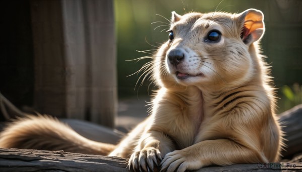 HQ,solo,blue eyes,sitting,closed mouth,indoors,signature,blurry,no humans,depth of field,blurry background,animal,cat,claws,realistic,animal focus,whiskers,lying,on stomach,white fur,pillar