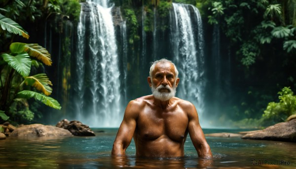 HQ,solo,looking at viewer,1boy,nipples,upper body,white hair,male focus,nude,outdoors,day,water,tree,wet,muscular,facial hair,pectorals,plant,nature,beard,forest,partially submerged,topless male,rock,realistic,mustache,bathing,bald,old,old man,river,waterfall,wrinkled skin,leaf,scar,scenery,manly