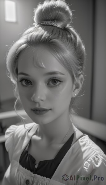 1girl,solo,looking at viewer,smile,jewelry,closed mouth,collarbone,monochrome,upper body,greyscale,earrings,parted lips,indoors,necklace,hair bun,mole,blurry,apron,lips,eyelashes,mole under eye,blurry background,single hair bun,portrait,freckles,realistic,nose,stud earrings,short hair,bangs,shirt,dress,artist name,depth of field,watermark,piercing