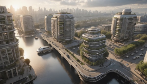 outdoors,sky,day,cloud,water,tree,no humans,sunlight,cloudy sky,ground vehicle,building,scenery,motor vehicle,city,car,road,cityscape,ruins,bridge,river,skyscraper,reflection,watercraft,tower