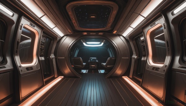 indoors,no humans,star (sky),scenery,reflection,science fiction,realistic,space,spacecraft,cockpit,seat,window,machinery,wooden floor,light,cable,screen