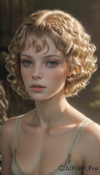 1girl,solo,breasts,looking at viewer,short hair,blue eyes,blonde hair,dress,cleavage,bare shoulders,jewelry,underwear,collarbone,upper body,earrings,small breasts,parted lips,artist name,signature,bra,blurry,lips,grey eyes,eyelashes,blurry background,freckles,curly hair,realistic,nose,medium breasts,braid,teeth,white bra