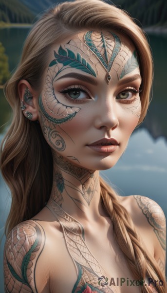 1girl,solo,long hair,breasts,looking at viewer,blue eyes,blonde hair,brown hair,cleavage,bare shoulders,jewelry,closed mouth,green eyes,collarbone,upper body,braid,flower,earrings,outdoors,parted lips,day,artist name,blurry,lips,grey eyes,eyelashes,single braid,tattoo,makeup,blurry background,piercing,lipstick,ear piercing,portrait,hair over shoulder,close-up,eyeshadow,freckles,realistic,nose,red lips,eyeliner,arm tattoo,mascara,brown eyes,medium breasts,nude,signature,facial tattoo,neck tattoo,tribal,full-body tattoo,flower tattoo