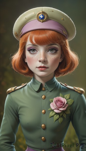 1girl,solo,breasts,looking at viewer,short hair,bangs,skirt,brown hair,shirt,long sleeves,hat,brown eyes,closed mouth,green eyes,upper body,flower,red hair,small breasts,collared shirt,artist name,orange hair,blurry,uniform,lips,military,eyelashes,military uniform,makeup,buttons,blurry background,rose,beret,lipstick,pink flower,eyeshadow,freckles,realistic,nose,green headwear,green shirt,pink rose,badge,mascara,blush,parted lips,bob cut,epaulettes,military hat,medal,world war ii