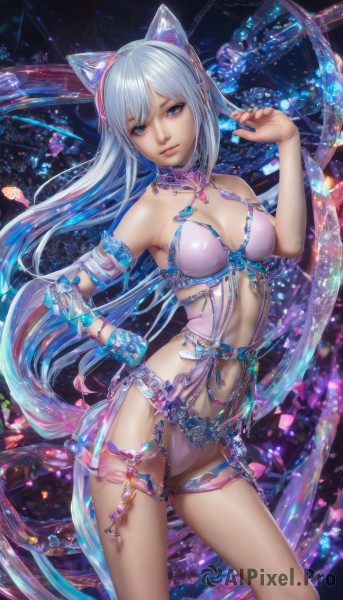 1girl,solo,long hair,breasts,looking at viewer,blue eyes,navel,animal ears,cleavage,bare shoulders,jewelry,medium breasts,very long hair,underwear,blue hair,standing,cat ears,bracelet,lips,see-through,hand on hip,fake animal ears,revealing clothes,armlet,contrapposto,realistic,animal ear headphones,cat ear headphones,white hair,choker,watermark