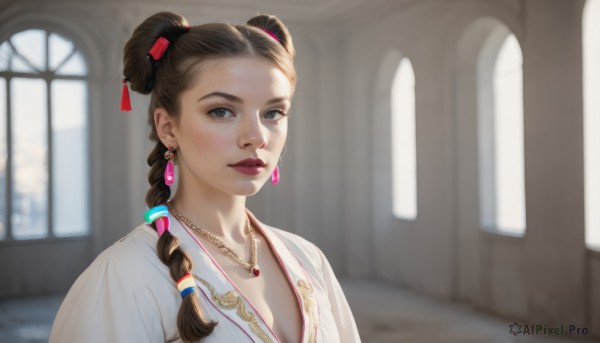 1girl,solo,long hair,breasts,looking at viewer,brown hair,hair ornament,dress,cleavage,brown eyes,jewelry,collarbone,upper body,braid,earrings,parted lips,indoors,necklace,hair bun,white dress,blurry,black eyes,twin braids,lips,window,single braid,double bun,makeup,blurry background,freckles,realistic,nose,red lips,blue eyes,black hair,medium breasts,mole,chinese clothes,sunlight,lipstick,portrait,eyeshadow,robe