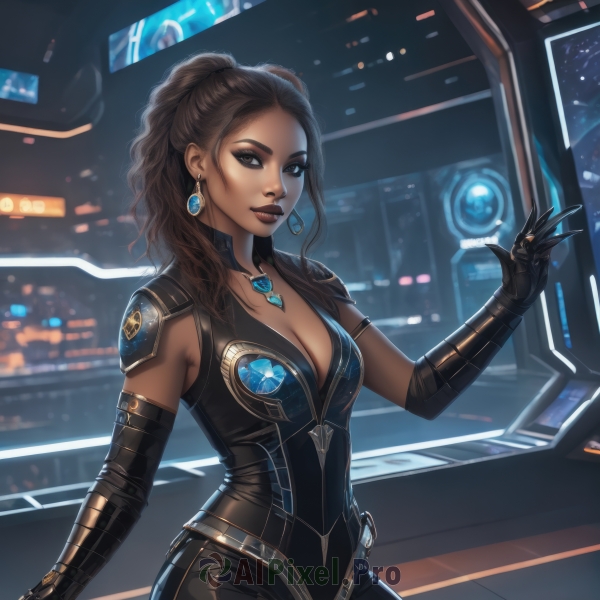 1girl,solo,long hair,breasts,looking at viewer,brown hair,gloves,cleavage,brown eyes,jewelry,medium breasts,ponytail,cowboy shot,earrings,elbow gloves,dark skin,necklace,armor,dark-skinned female,lips,bodysuit,makeup,gem,forehead,science fiction,nose,holographic interface,black hair,standing,wavy hair,lipstick,shoulder armor,pendant,eyeshadow,realistic,black bodysuit,eyeliner,mechanical arms,single mechanical arm,dreadlocks