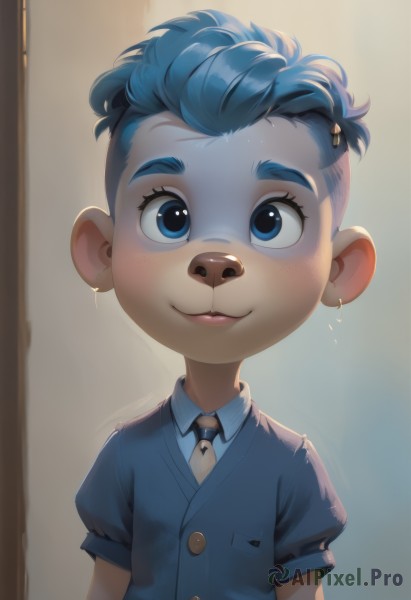 solo,looking at viewer,smile,short hair,blue eyes,shirt,hair ornament,1boy,animal ears,jewelry,blue hair,upper body,short sleeves,male focus,earrings,necktie,collared shirt,lips,:3,blue shirt,child,furry,personification,freckles,female child,furry male,male child,white shirt,puffy sleeves,artist name,puffy short sleeves