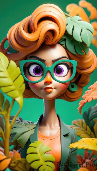 1girl,solo,looking at viewer,blush,smile,short hair,brown hair,shirt,jewelry,closed mouth,purple eyes,collarbone,jacket,upper body,earrings,glasses,artist name,orange hair,blurry,lips,makeup,leaf,plant,lipstick,green background,curly hair,orange shirt,green-framed eyewear,flower,green shirt