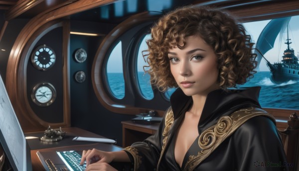 1girl,solo,breasts,looking at viewer,short hair,brown hair,cleavage,brown eyes,sitting,upper body,small breasts,dark skin,water,dark-skinned female,lips,ocean,chair,science fiction,curly hair,robe,realistic,nose,clock,watercraft,ship,boat,afro,parted lips,black dress,window,phone,cellphone,fantasy,black robe