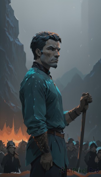 short hair,shirt,black hair,gloves,long sleeves,1boy,holding,closed mouth,standing,weapon,male focus,cowboy shot,outdoors,multiple boys,solo focus,belt,pants,sword,holding weapon,black eyes,from side,facial hair,thick eyebrows,fire,blue shirt,clenched hand,beard,brown gloves,6+boys,mustache,brown belt,cane,crowd,tunic,embers,people,army,looking at viewer,blue eyes,jacket,necktie,white gloves,black pants,helmet,snow,snowing,grey pants,grey gloves