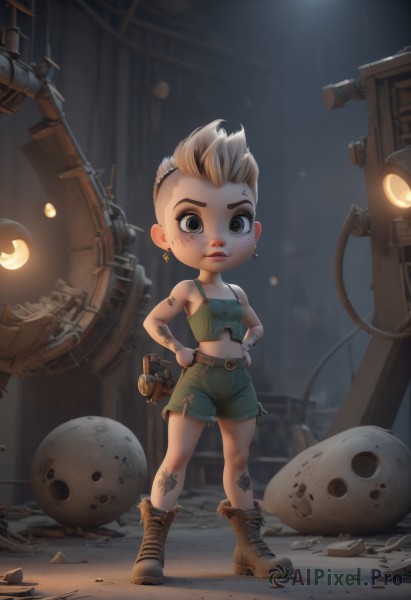 1girl,solo,looking at viewer,short hair,blonde hair,navel,brown eyes,jewelry,closed mouth,standing,full body,multicolored hair,earrings,small breasts,boots,shorts,midriff,belt,artist name,chibi,torn clothes,short shorts,tattoo,brown footwear,tank top,robot,child,genderswap (mtf),freckles,denim shorts,hands on hips,arm tattoo,mechanical arms,dirty,green shorts,single mechanical arm,dirty face,tire,breasts,bare shoulders,lips,crop top,bandages,cross,denim,bandaid,cross-laced footwear,injury,nose,bandaid on face,undercut,broken,gears,wrench,debris,mohawk,dirty clothes,rubble,screw