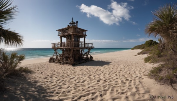 outdoors,sky,day,cloud,water,tree,blue sky,no humans,ocean,beach,scenery,sand,palm tree,horizon,shore,ground vehicle,vehicle focus