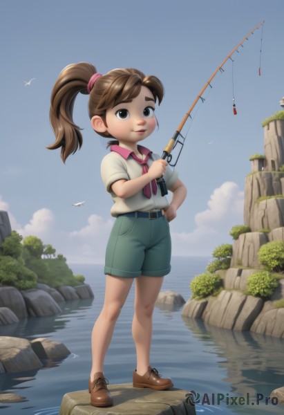 1girl,solo,long hair,looking at viewer,smile,brown hair,shirt,holding,brown eyes,closed mouth,standing,full body,white shirt,ponytail,short sleeves,outdoors,sky,shoes,shorts,day,collared shirt,belt,artist name,cloud,water,tree,blue sky,lips,hand on hip,bird,watermark,brown footwear,thick eyebrows,child,nature,freckles,blue shorts,rock,female child,green shorts,river,fishing rod,fishing,holding fishing rod,fishing line