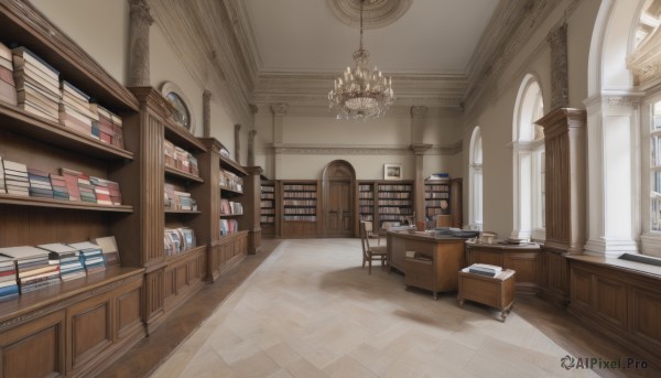 indoors,book,no humans,window,chair,table,sunlight,box,scenery,wooden floor,stairs,door,clock,bookshelf,lamp,architecture,shelf,book stack,library,ceiling,carpet,candlestand,ceiling light,reflective floor,chandelier,day,desk,ladder