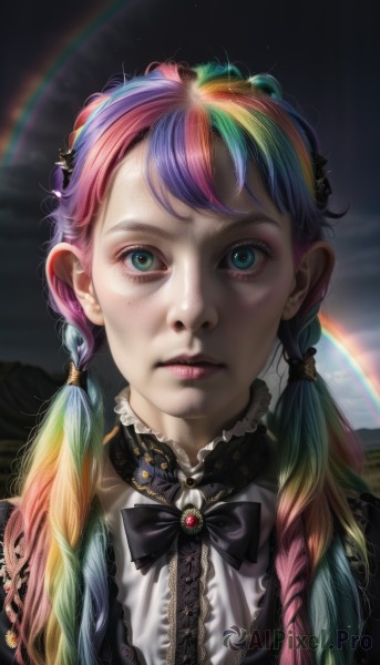 1girl,solo,long hair,looking at viewer,bangs,blue eyes,shirt,hair ornament,bow,twintails,jewelry,closed mouth,green eyes,blue hair,upper body,pink hair,purple hair,braid,multicolored hair,frills,parted lips,green hair,sky,artist name,cloud,bowtie,twin braids,two-tone hair,aqua eyes,lips,eyelashes,black bow,makeup,gem,portrait,hair over shoulder,freckles,black bowtie,realistic,nose,center frills,rainbow,rainbow hair,low twintails,feathers,brooch,web address